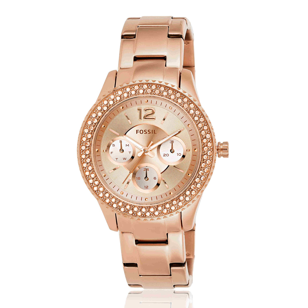 Fossil Stella Reloj para mujer, movimiento cronógrafo con correa de acero o piel, Tono oro rosa, 38MM