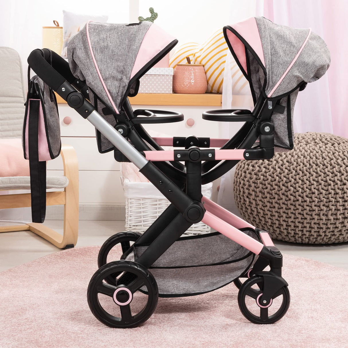 Bayer Design 26733AA Twin Xeo Cochecito de muñeca gemelas, Carrito Doble para muñecos, Altura Regulable, Ruedas Delanteras móviles, Bolsa