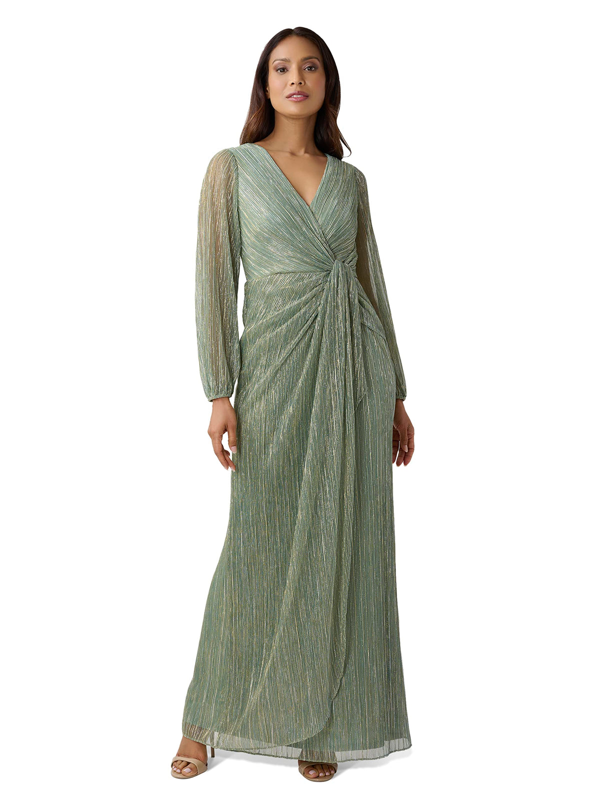 Adrianna Papell Metallic Mesh Draped Gown Vestido para ocasión Especial, Pizarra Verde, 42 para Mujer