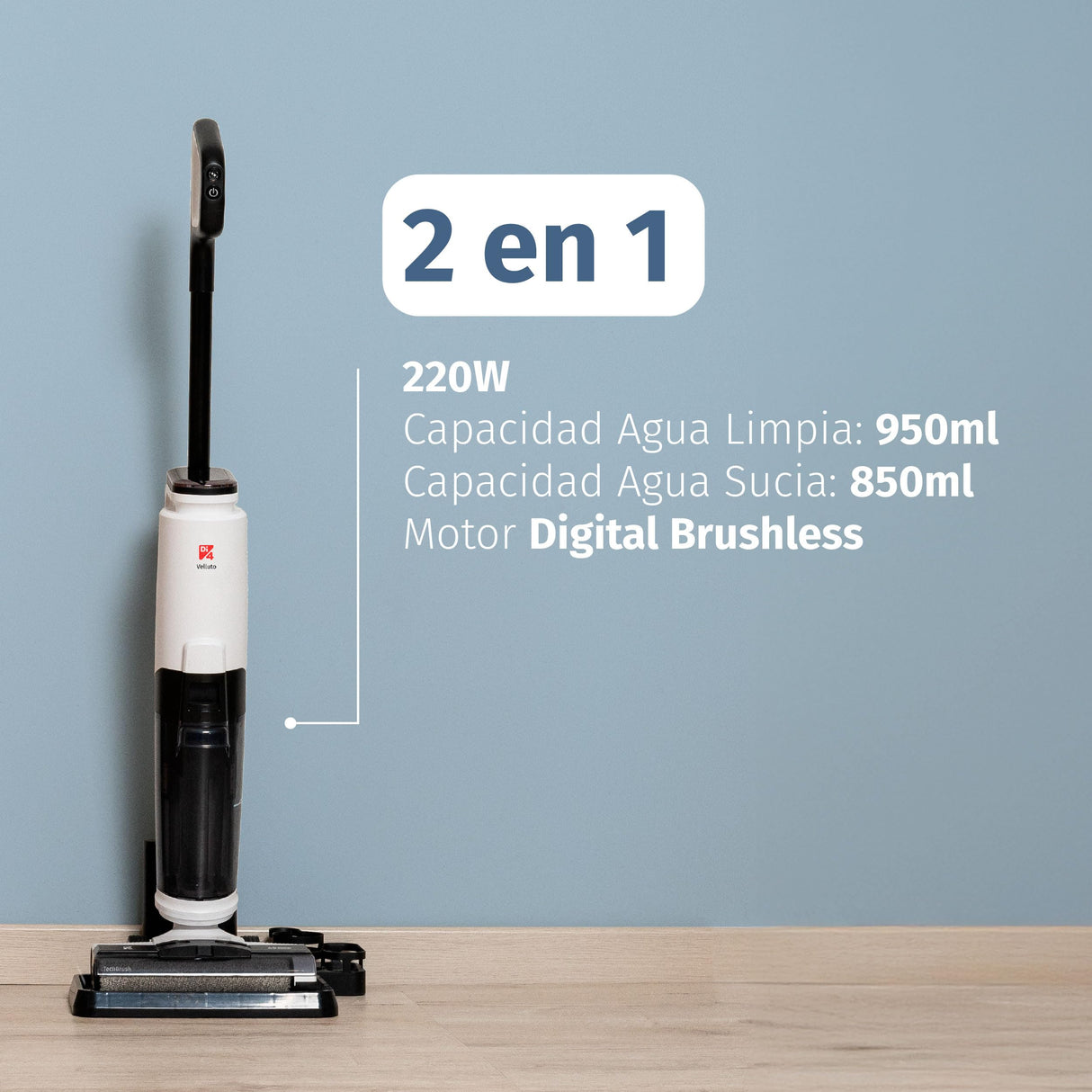 Di4 Velluto Fregona Eléctrica 2 en 1 Aspira y Friega, Motor Digital Brushless 220W, Autolimpieza, Sensor Inteligente de Suciedad, 40 min Autonomía, Pantalla LED, Doble Depósito, Tracción Automática