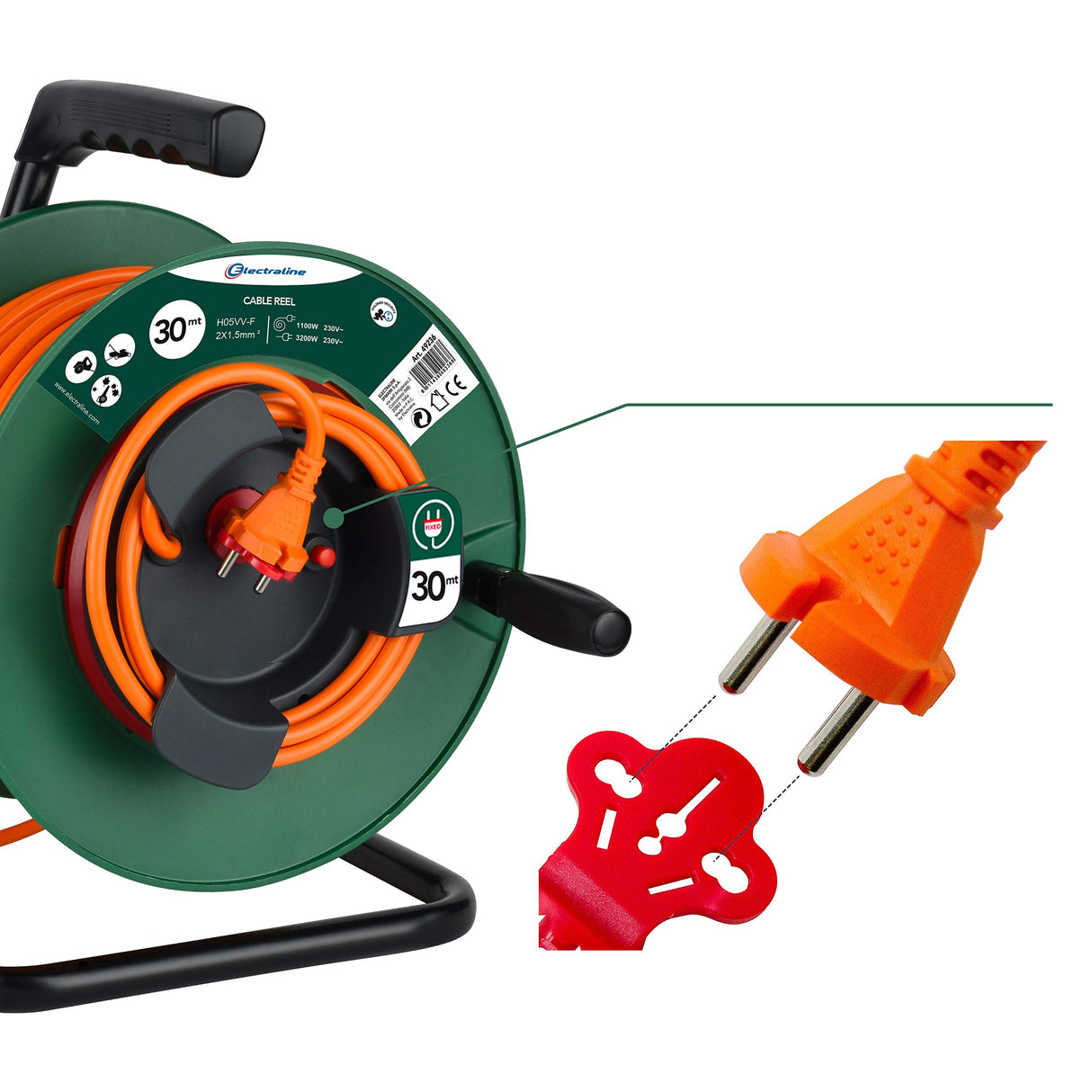 Electraline 49236 Alargador de jardín con enrollacables 30 Mt, enchufe y toma Europea 2 polos, apto para Electrodomésticos de jardinería, con protección y Platin Fix, sección Cable 2x1,5 mm2