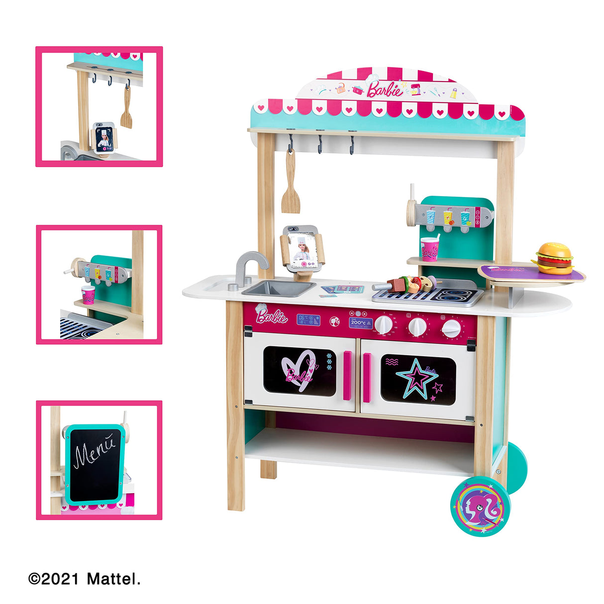 Theo Klein 7329 Cocina de Madera, Barbie Restaurante Tipo bistró, Madera (MDF), con Accesorios de bistró incluidos, Dimensiones: 94 cm x 32 cm x 106 cm, Juguete para niños a Partir de Tres años