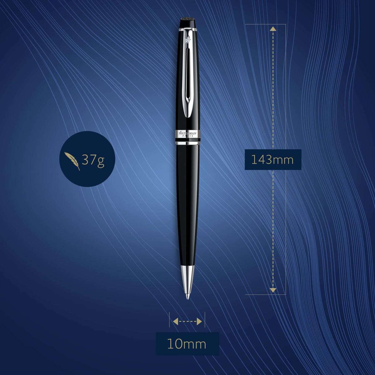 Waterman Expert bolígrafo, color negro brillante con adorno cromado, punta media con cartucho de tinta azul, estuche de regalo