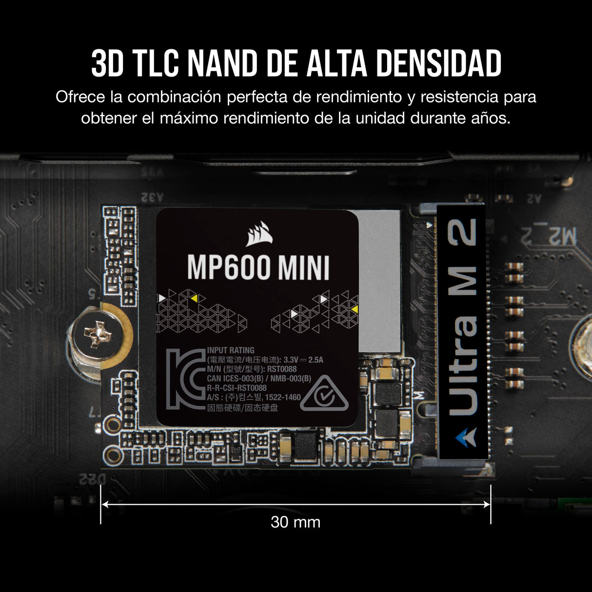 Corsair MP600 Mini 2 TB M.2 NVMe PCIe x4 Gen4 SSD – M.2 2230 – hasta 7.000MB/seg Lectura Secuencial – NAND 3D TLC de Alta Densidad – Ideal para Steam Deck y Microsoft Surface – Negro