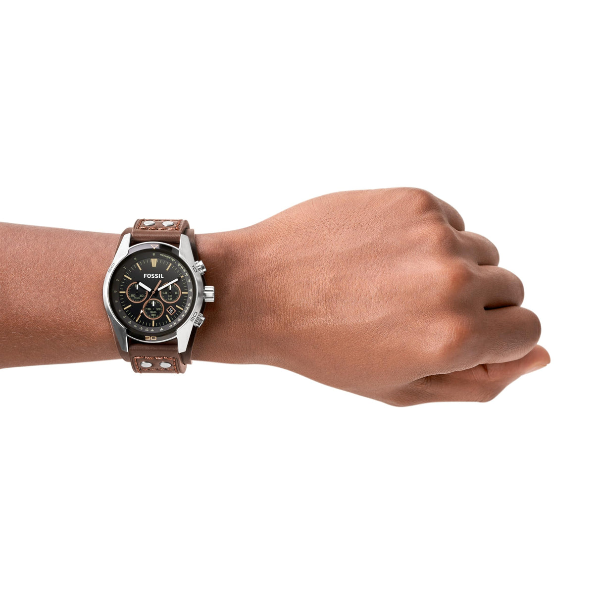 Fossil Reloj para hombre Coachman, movimiento cronógrafo de cuarzo, caja de acero inoxidable plateado de 44mm con correa de piel auténtica, CH2891