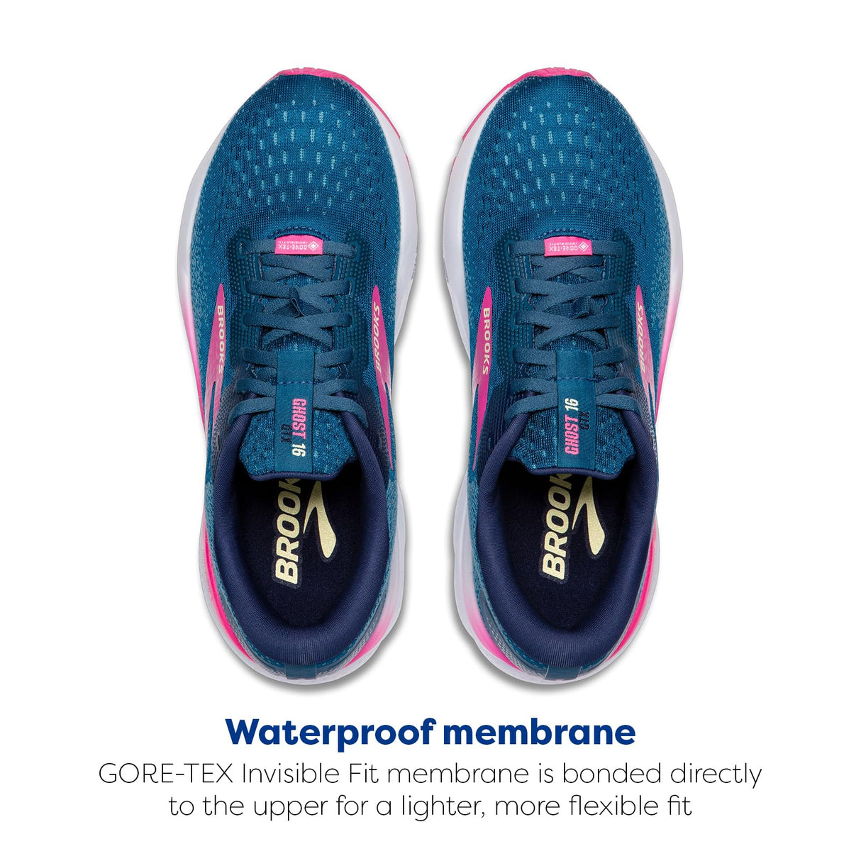 BROOKS Ghost 16 GTX, Sneaker Mujer, Azul marroquí/Rosa/Amarillo, 37.5 EU