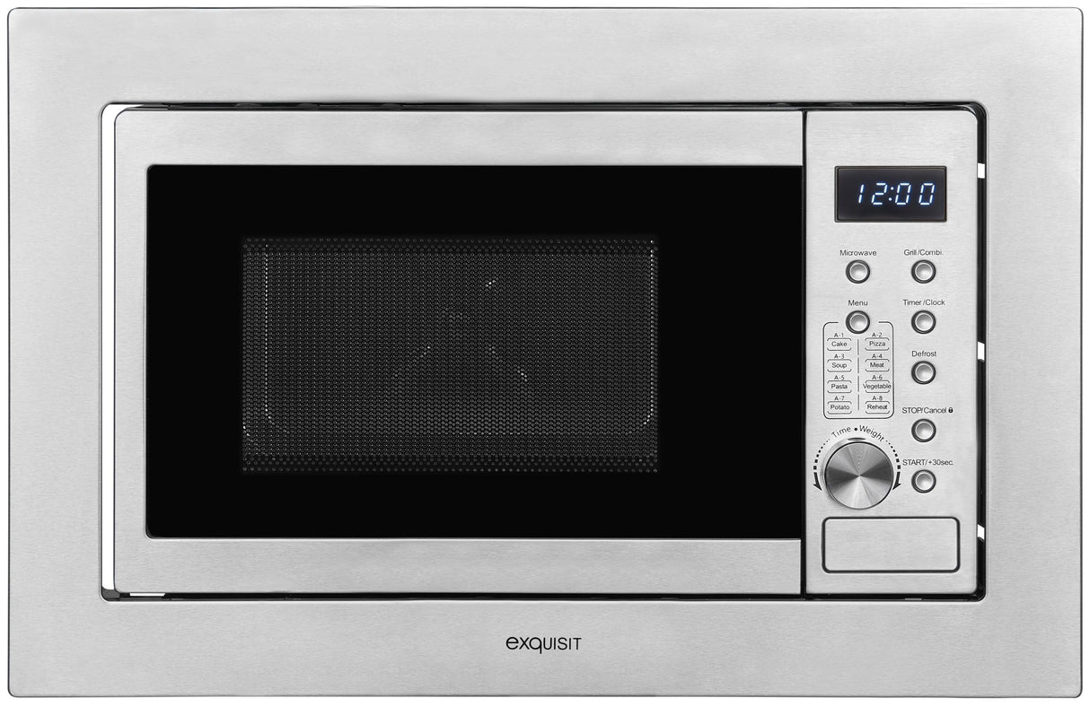 Exquisit® Microondas Combi de Encastre, 20L, 800W, Grill 1000W, Acabado en Acero Inoxidable, 8 Programas Automáticos, Display Digital, Plato 27Cm, Medidas 38,6x59,5x37,5 Cm.