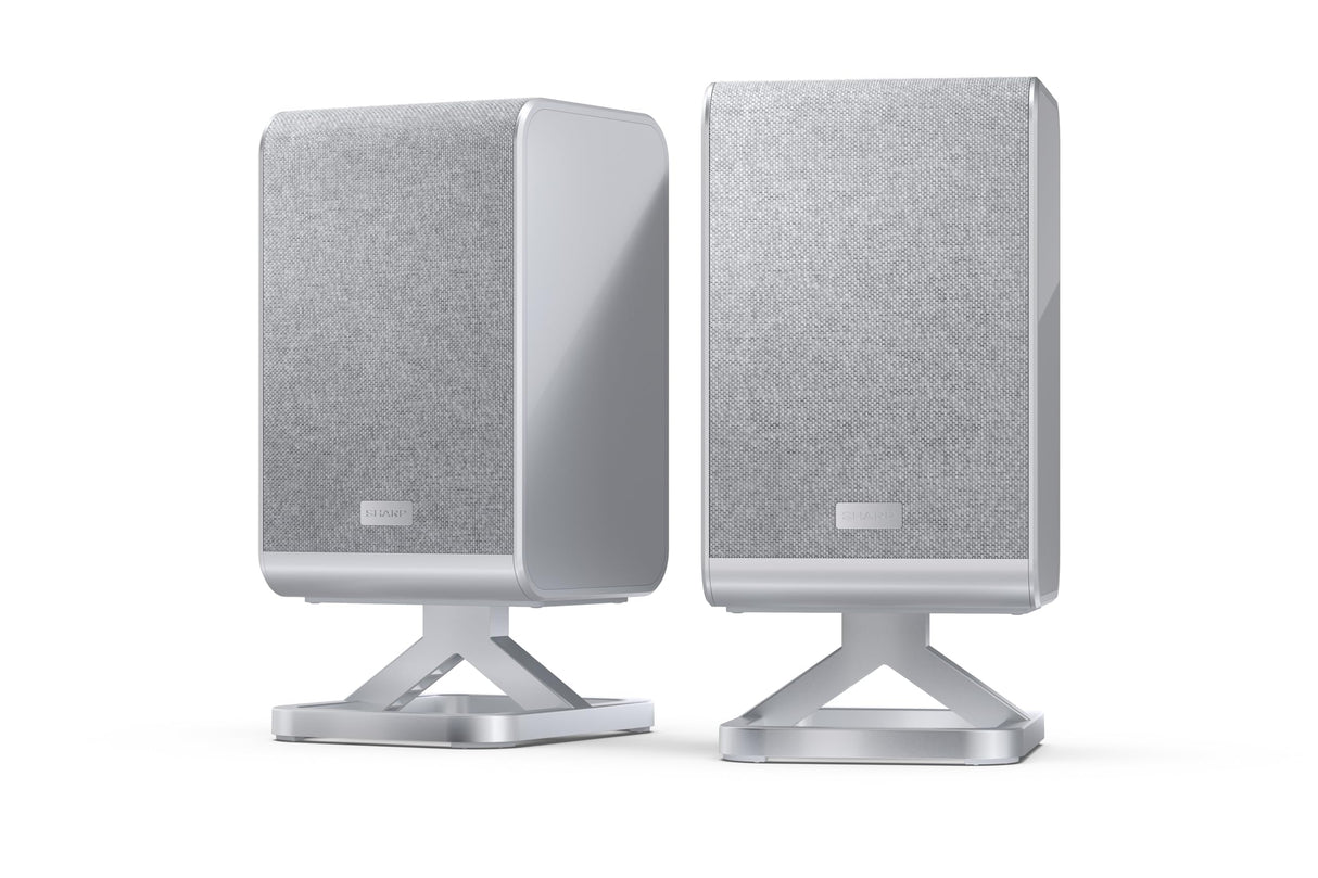 Sharp HT-SPR52021SL Pareja de Altavoces Traseros inalámbricos 1.0.1 para conectar a tu Barra de Sonido Q para Experiencia Mejorada, Sonido Envolvente, Dolby Atmos y DTS:X, P. Maxima 200W, Gris