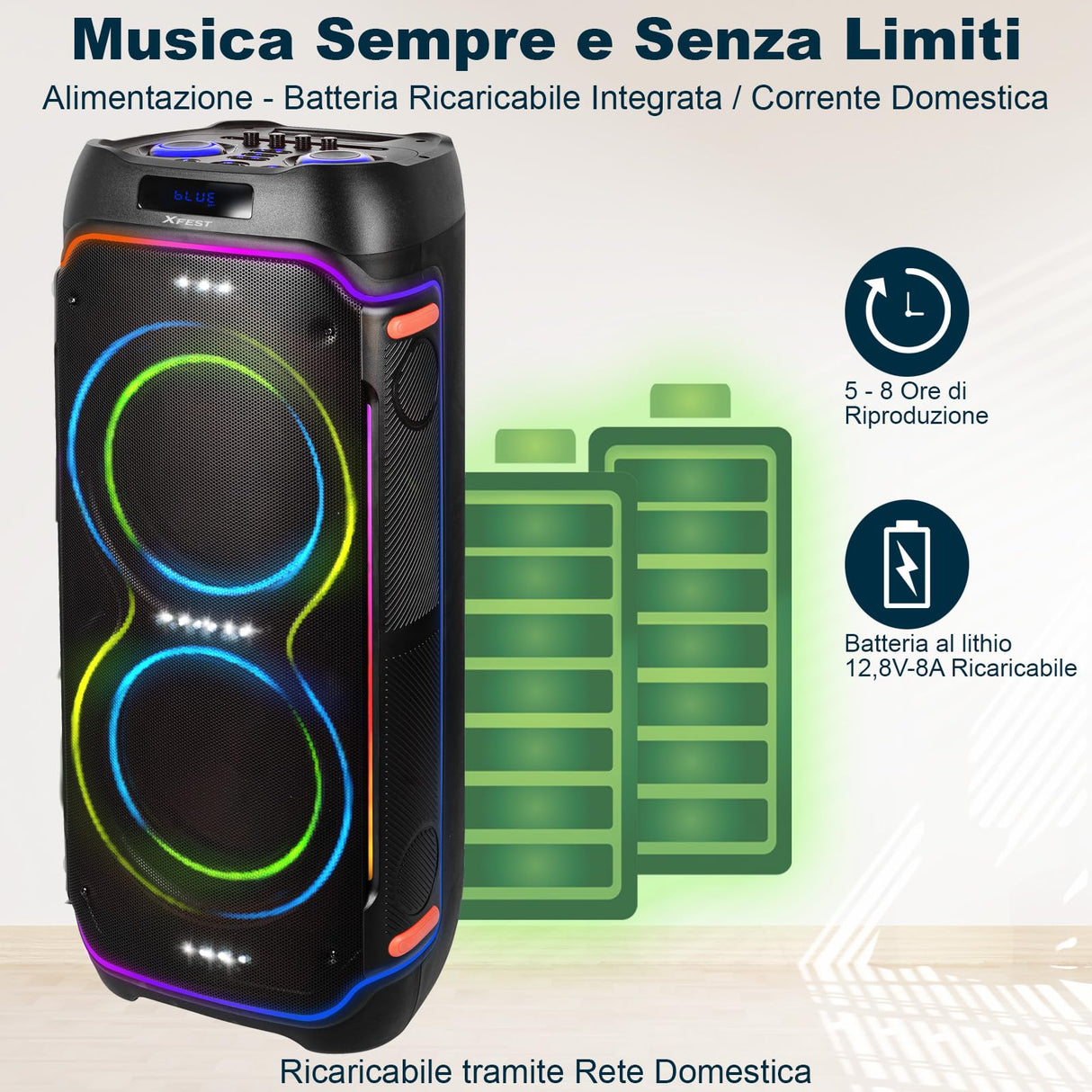 Trevi XFest XF 3600 Pro - Altavoz inalámbrico de 200 W, Altavoz portátil con micrófono inalámbrico Incluido, entradas USB, Micro SD, AUX-IN, función TWS, Karaoke Party Speaker con batería integrada