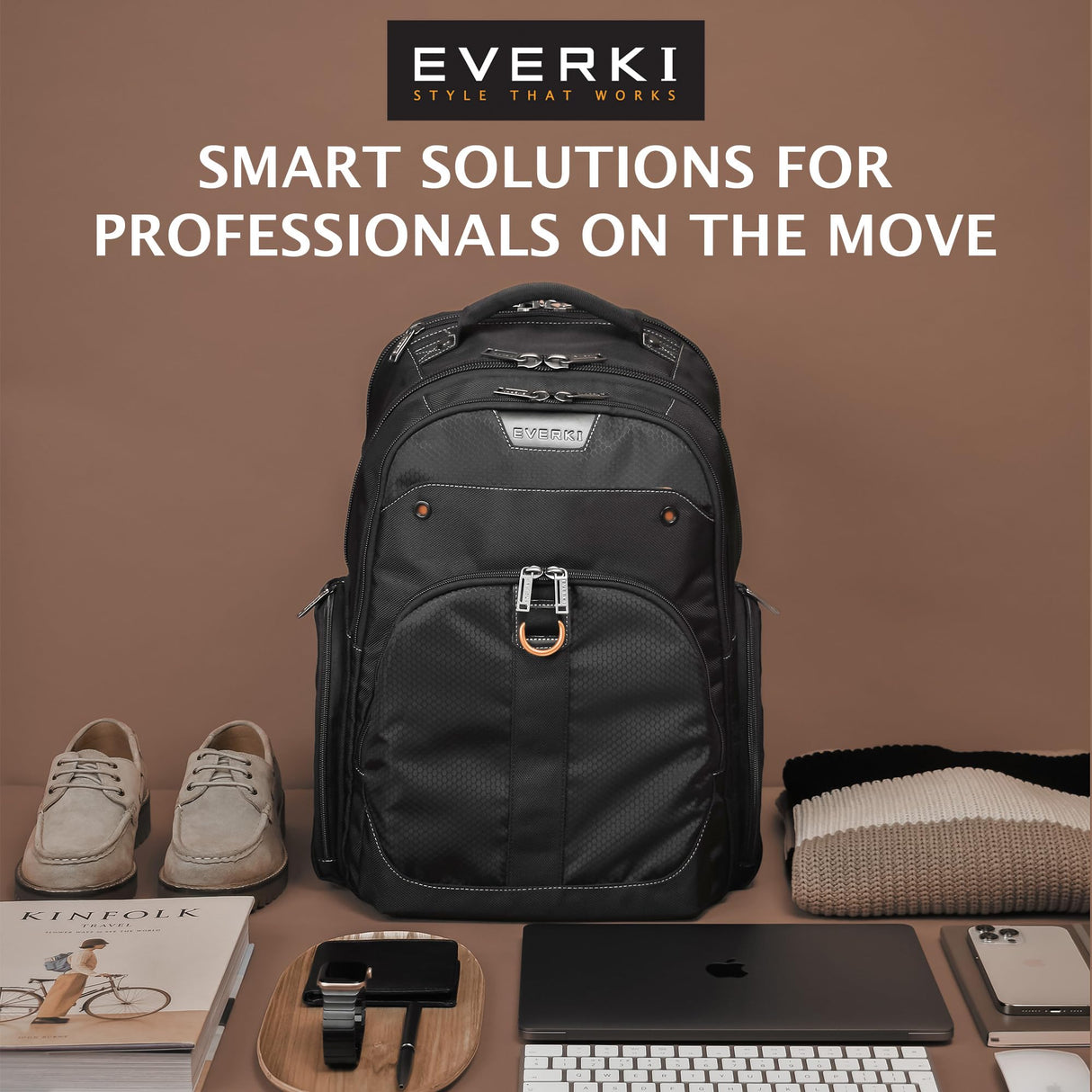 Everki Atlas - Mochila para portátil con Compartimento Ajustable para portátil de 13 a 17,3 Pulgadas (33-43,9 cm), Trolley Flap, Concepto Plano Bien pensado y Otras Funciones, Negro, EKP121-1