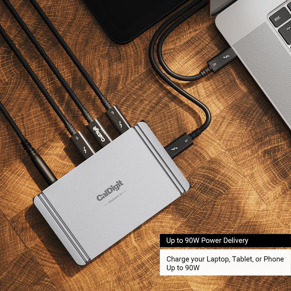 CalDigit E5 - Thunderbolt 5 Element 5 Hub - 9-Puerto, 4 x Thunderbolt 5/USB4 v2 Puertos, 3xUSB-A y 2xUSB-C 10Gb/s Puertos, Single 8K, Dual 6K/8K, Oro Dual 4K@240Hz Displays, 90W Charging, 0,8 m Cable