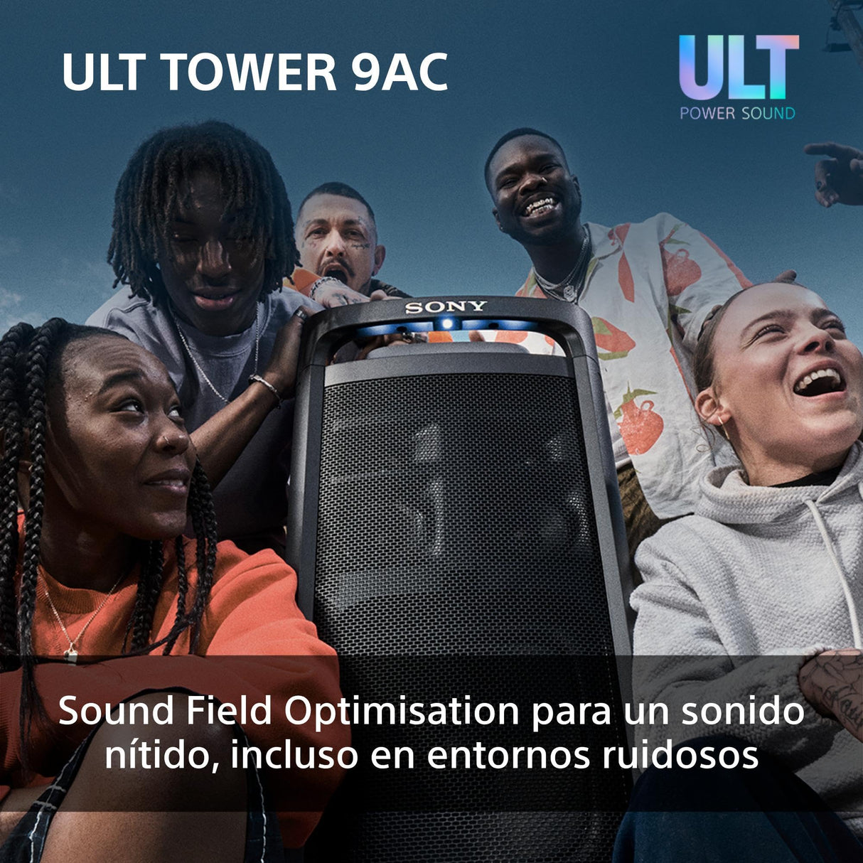 Sony ULT Tower 9AC, Altavoz Bluetooth definitivo para Fiestas, alimentación de Red, 2 Modos ULT Power Sound, Altavoz X-Balanced, iluminación y Sonido 360, entradas de Karaoke, Negro