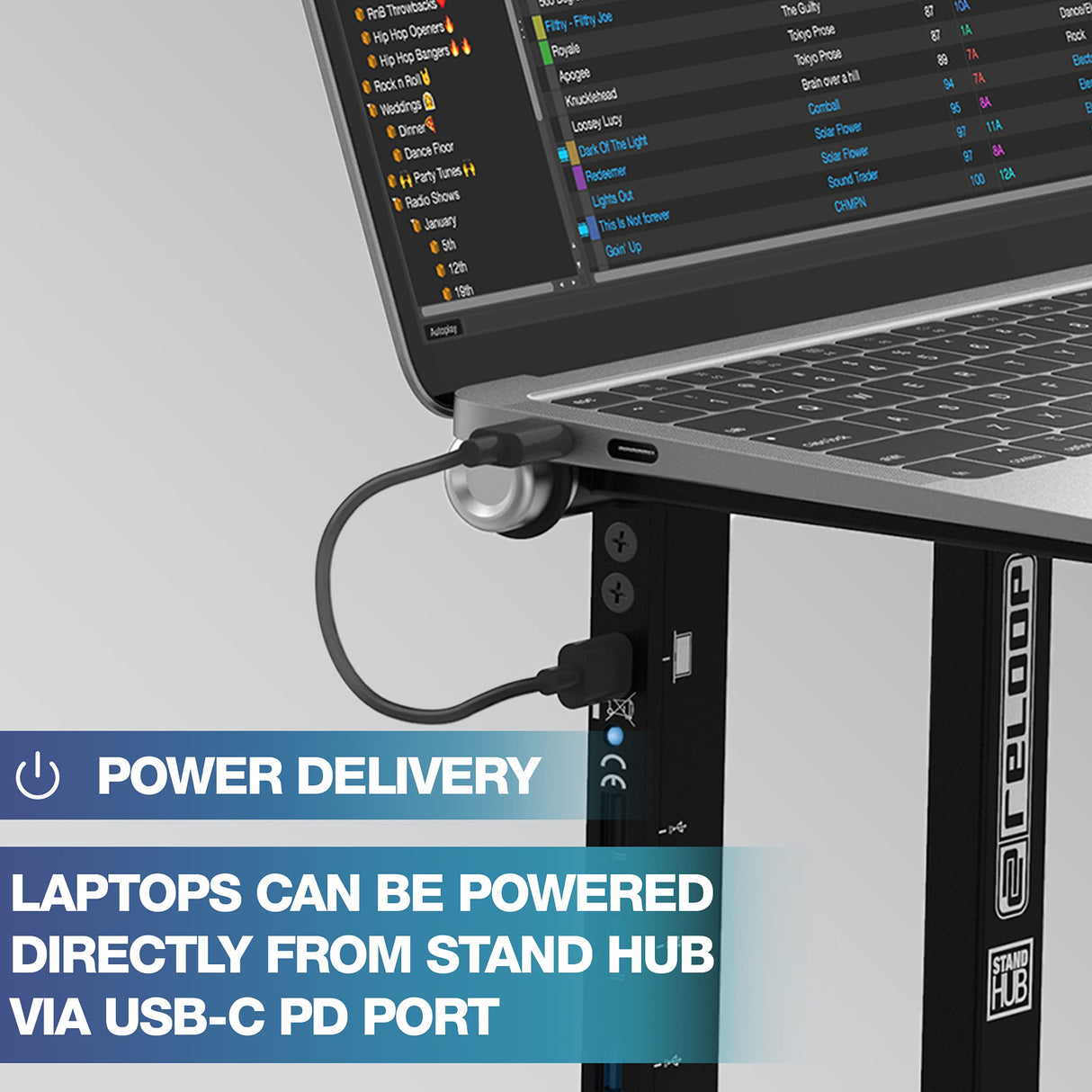 Reloop Stand Hub Innovadora combinación de soporte para portátil y hub usb-c avanzado con alimentación Powerdrive
