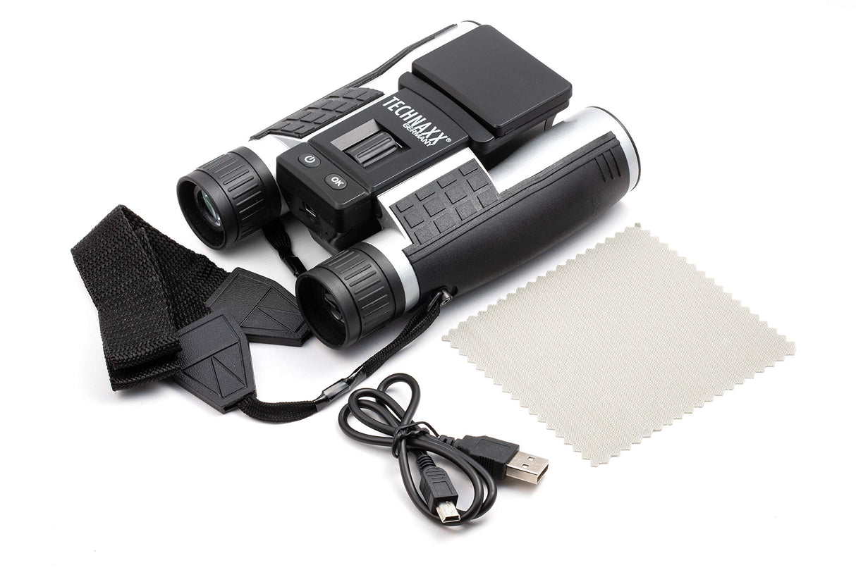 Binoculares Technaxx con Pantalla para Adultos, utilizados para observar Aves, Animales, Viajar, Cazar, Eventos Deportivos - Grabación de Video y Fotos FullHD, Zoom 4X, MicroSD - Binoculares TX-142