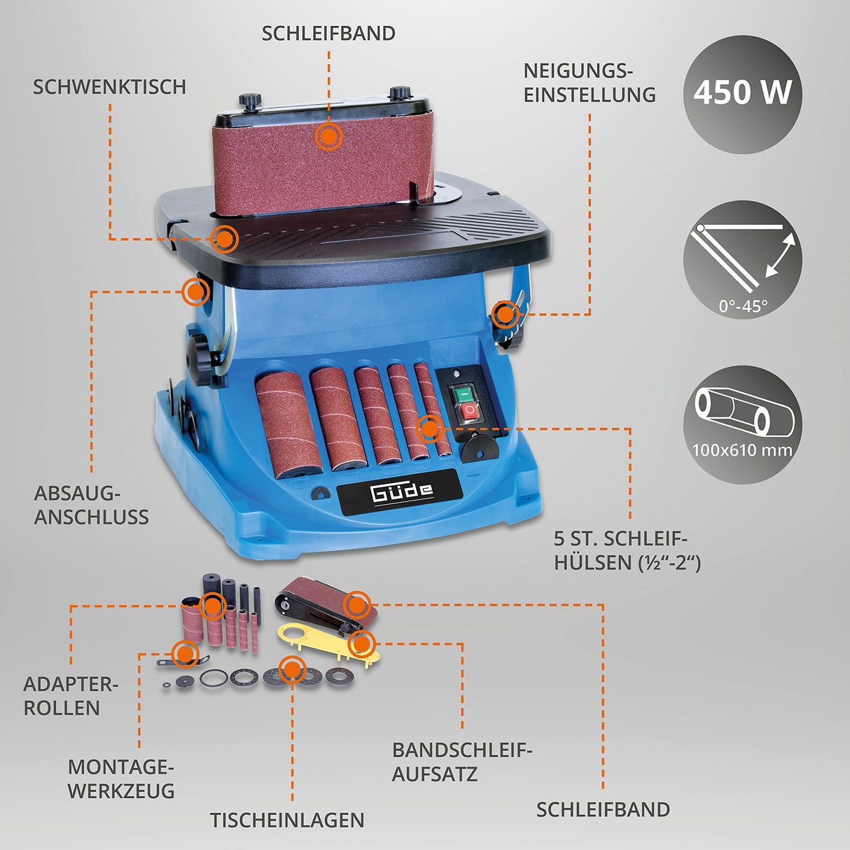 Güde GSBSM 450 - Lijadora de banda de husillo (450 W, 2000 1/min, oscilante, para superficies interiores y exteriores, sin herramientas, mesa regulable de 0° a 45°, incluye numerosos accesorios)