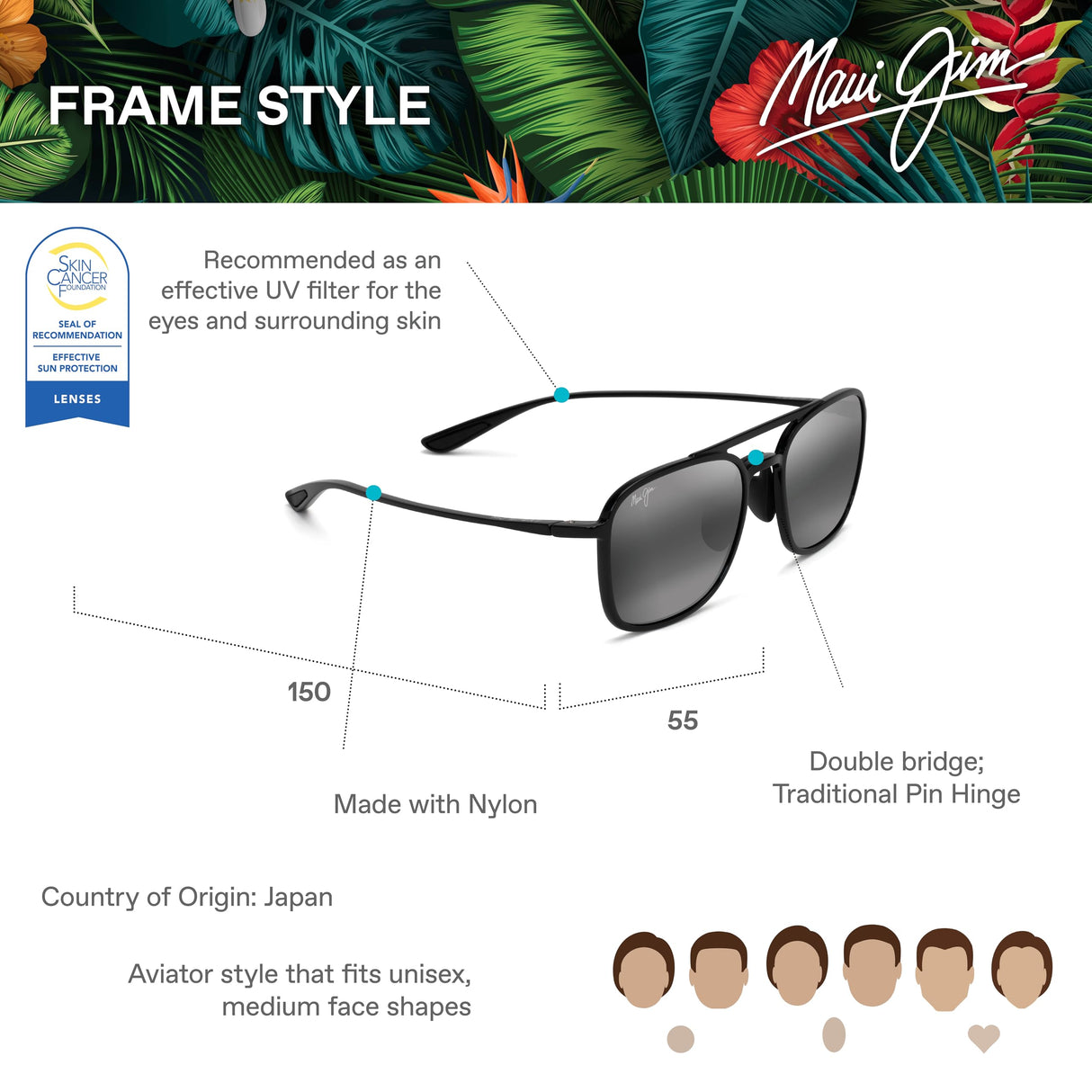 Maui Jim Keokea Gafas, Black, 55-19-150 Unisex Adulto