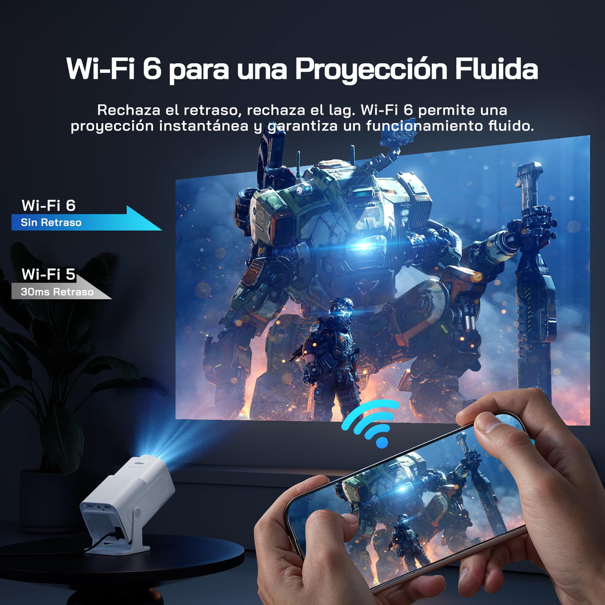 WOLFANG 4K Proyector Portátil【App Integrada/Netflix Oficial】, 26000 Lúmenes Mini Proyector con WiFi 6, 50% Zoom, 180° Rotation Projector Portable para Home Cinema/TV Stick/iOS/Android/PC/PS5/HDMI/AV