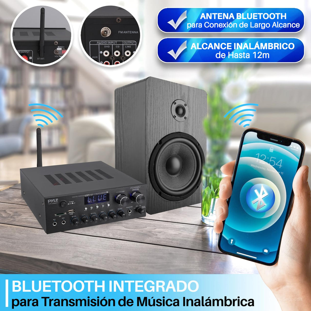 Pyle Amplificador de Audio, para el hogar, Estudio, 300W, Bluetooth, Estereo, 2 Canales, Sistema de Audio MP3, USB, SD, AUX, RCA, Microfono, Audiofonos, FM, LED