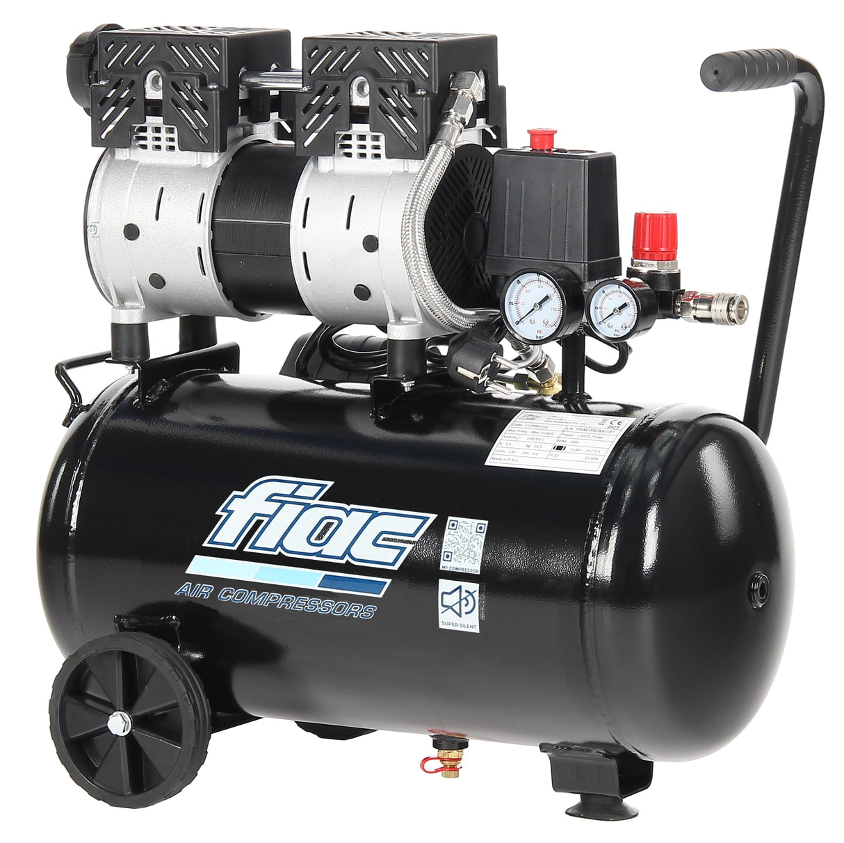 FIAC Compresor de Aire Móvil Silencioso SUPERSILENT 24, Sin Aceite, Presión Máxima 8 Bar, 1 Hp, Tanque de 24 Litros, Nivel sonoro 58 dB LpA