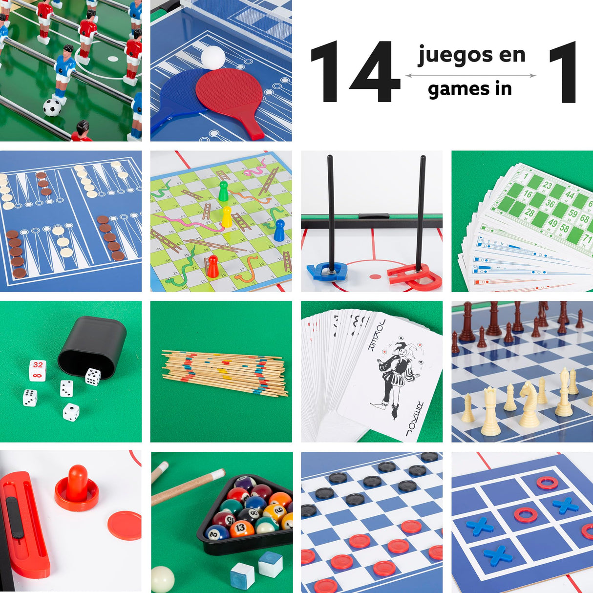ColorBaby CB Games - Mesa multijuegos 14 en 1, Futbolín, Ping-Pong, Hockey, Billar, Juegos de Mesa, 121x62x79 cm, Futbolines para niños, Futbolín Infantil, Regalo para Toda la Familia (85421)