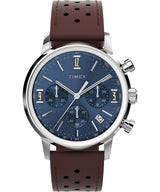 Timex Marlin Chronograph - Reloj de 40 mm para hombre, correa de liberación rápida de cuero marrón, esfera azul, caja de acero inoxidable TW2W10200