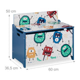 Relaxdays Caja Juguetes Diseño Monstruos, Baúl Infantil Almacenaje con Tapa, Arcón Niños, 50x60x36,5cm, MDF, Azul/Blanco, Tablero de Fibras