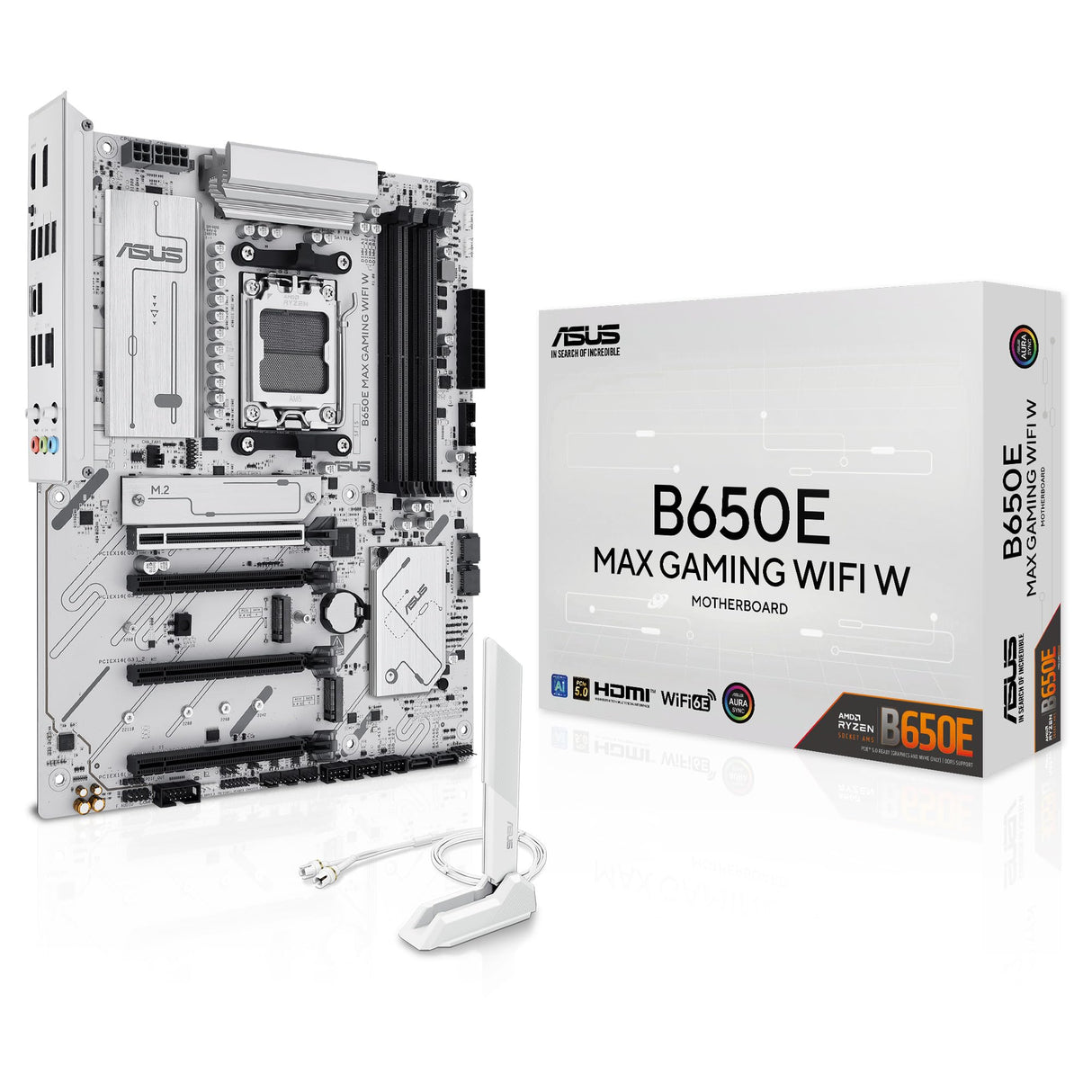 ASUS B650E MAX Gaming WiFi W - Placa Base AMD B650 ATX, Blanco, DDR5, PCIe 5.0, Ranuras M.2, Wi-Fi 6E, 2.5Gb Ethernet, DisplayPort, HDMI, USB Tipo-A y Tipo-C, BIOS Flashback, Aura Sync