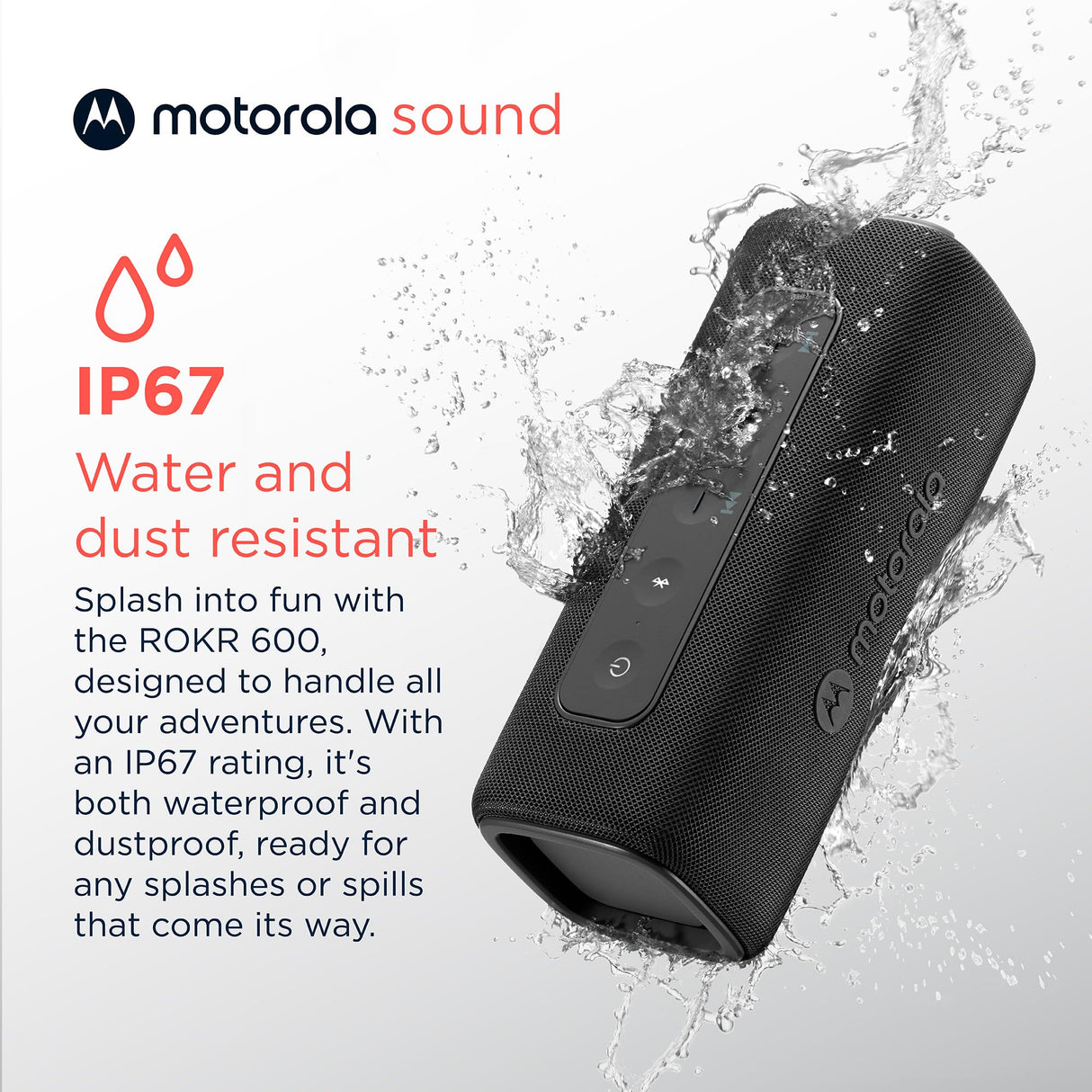 Motorola Sound - Altavoz Inalámbrico Bluetooth ROKR 600 - Potente Sonido de 30W, Resistente al Agua y Polvo, Función Broadcast para Conectar 20+ Altavoces, 6 Horas de Reproducción, Negro