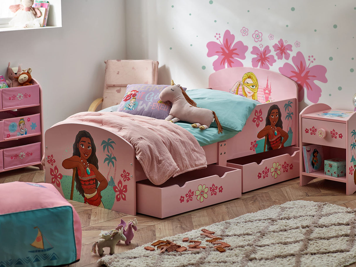 Disney Princess Cama para niñas pequeñas: construcción robusta de madera manufacturada, laterales protegidos, listones de madera, se adapta a colchones de 140 x 70 cm (colchón no incluido)