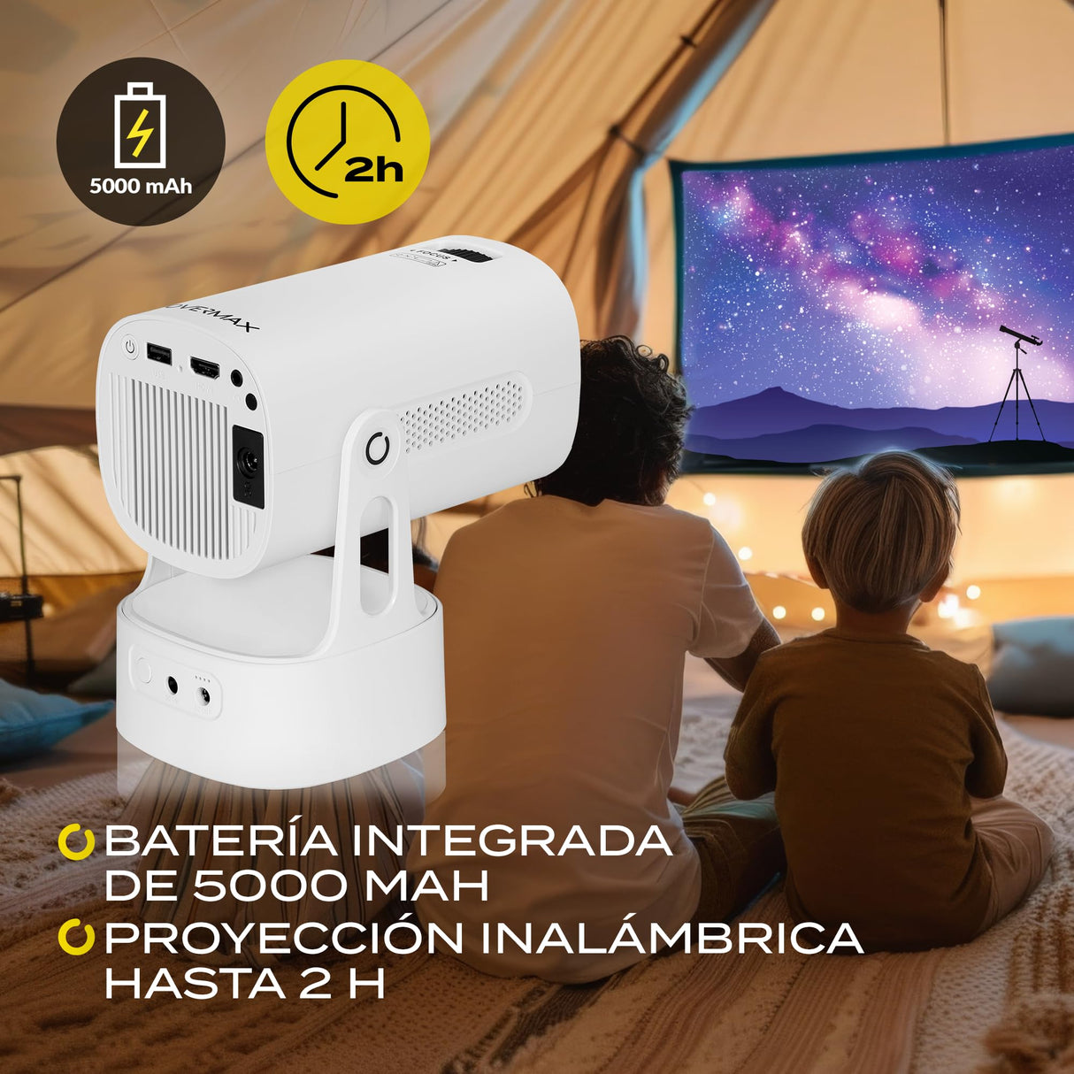 OVERMAX MULTIPIC EZ Mini Proyector 4K FullHD con Batería Integrada, Corrección Keystone, Imagen hasta 200", Wi-Fi Bluetooth 5.3, 2000 Lúmenes, Proyector de Estrellas, Mando a Distancia, Android 9.0