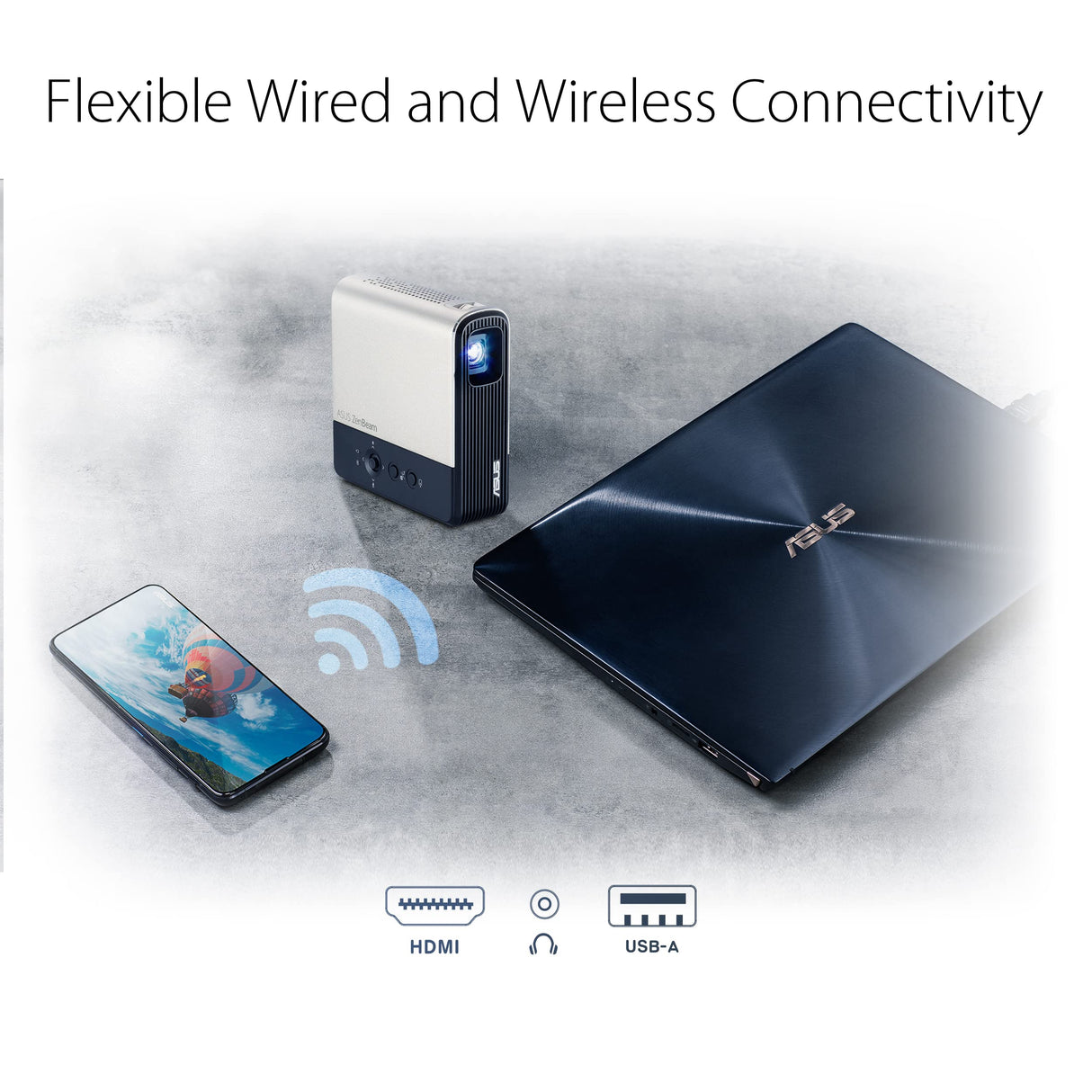 ASUS ZenBeam E2 Mini Proyector LED, Modo Retrato Automático, 300 Lúmenes LED, WVGA (854 x 480), Proyección Inalámbrica, Power Bank a Través de USB Tipo A, HDMI y Altavoz de 5 Vatios, Negro