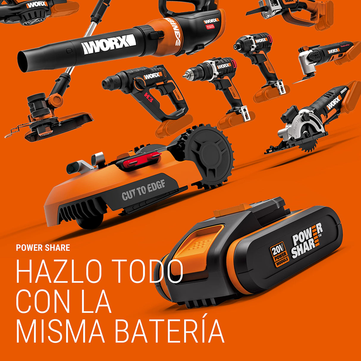 WORX Motosierra 40V Máx. (2x20V) | PowerShare | WG384E.9 | No incluye batería ni cargador |Espada 35 cm | Motor Brushless | Tensado de cadena sin herramientas