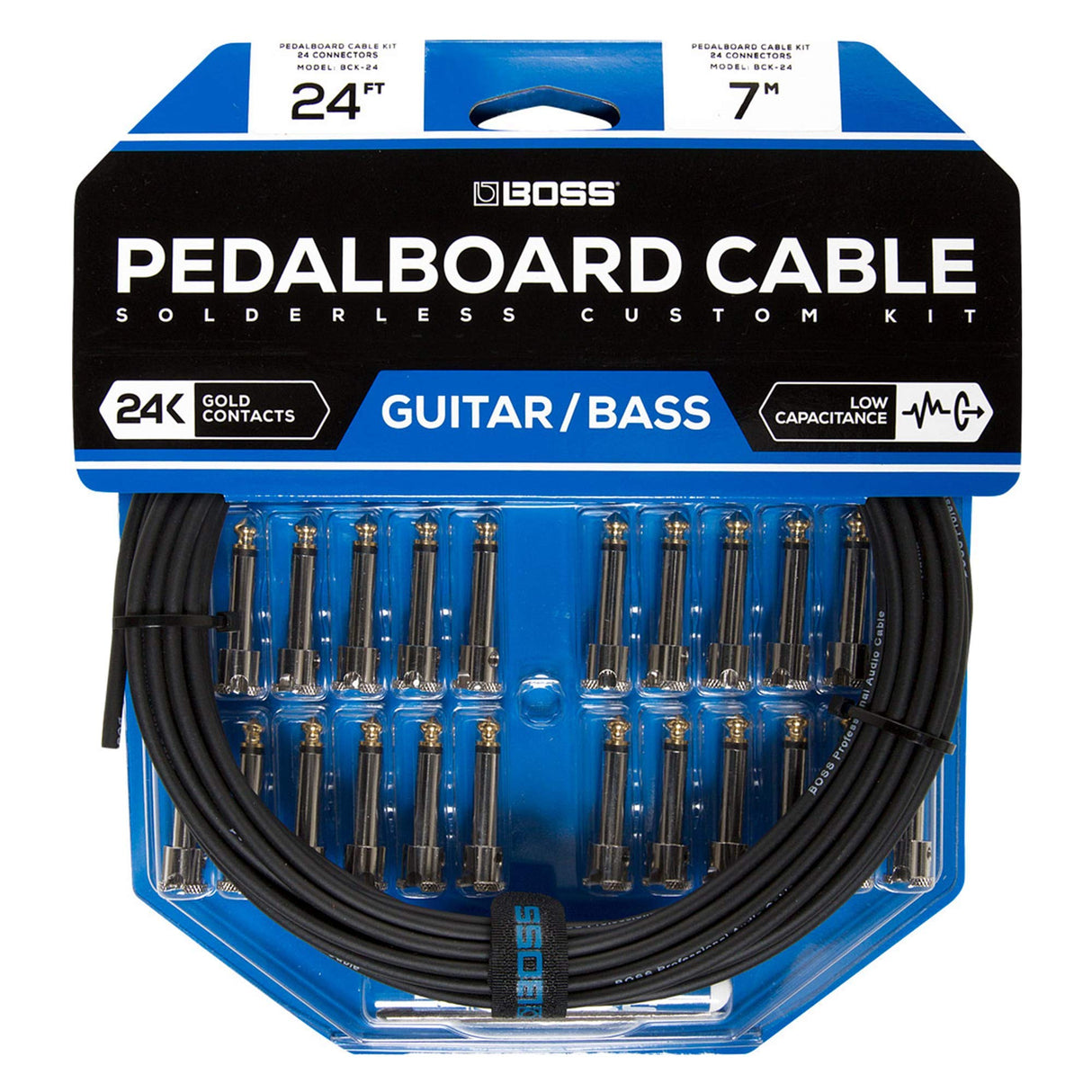 BOSS Kit de cables de pedalera sin soldadura BCK-24 – Cable de 7m + 24 conectores de 1/4" en ángulo recto y recto para formar 12 cables a medida