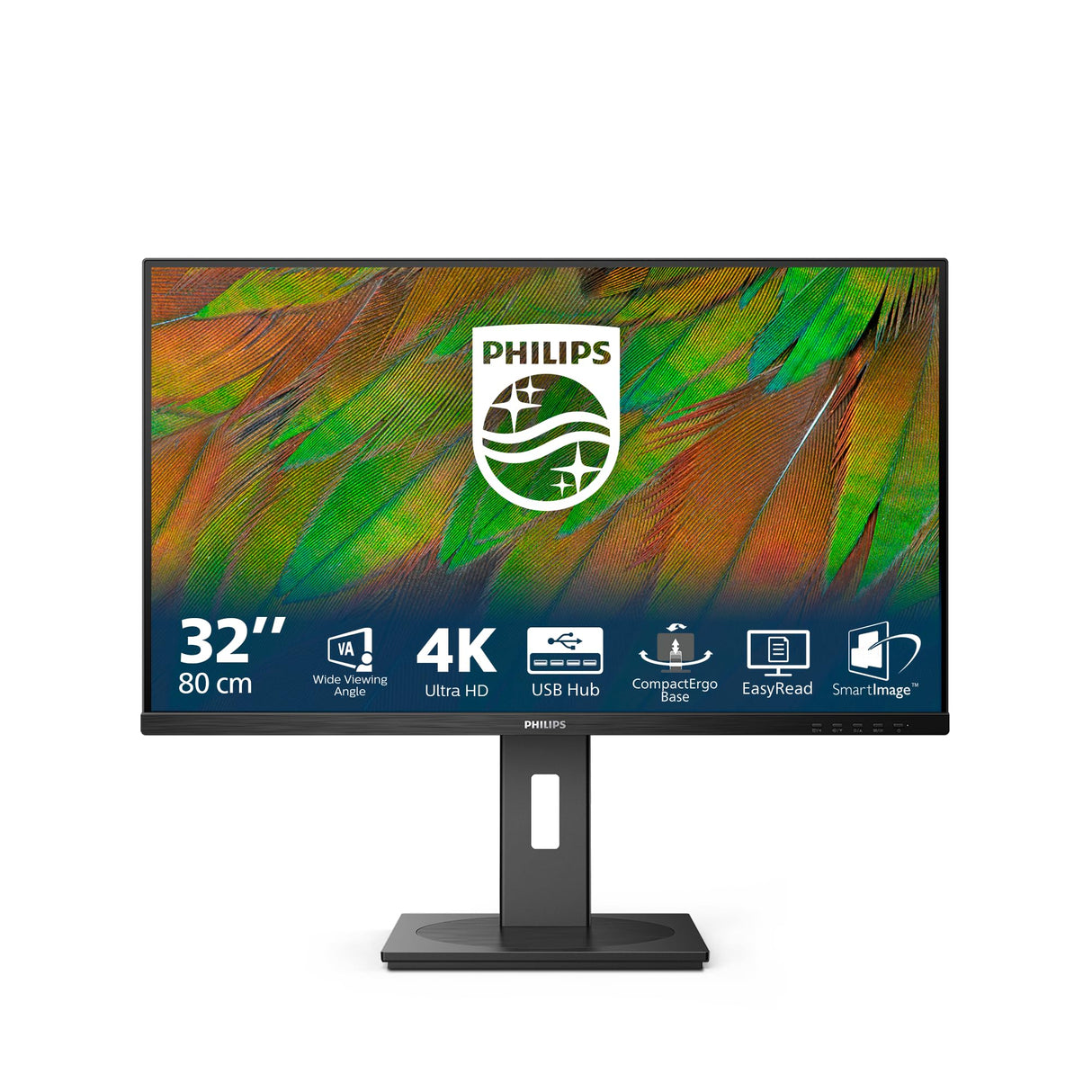 Philips 32B1N3800 Monitor 32" UHD, WLED, 60Hz, VA, 4 ms GtG, Adaptive Sync., TUV Eye Comfort, Altavoces, Altura Ajustable (3840x2160, 2X HDMI 2.0, 1x DP 1.4, USB-Hub) Negro