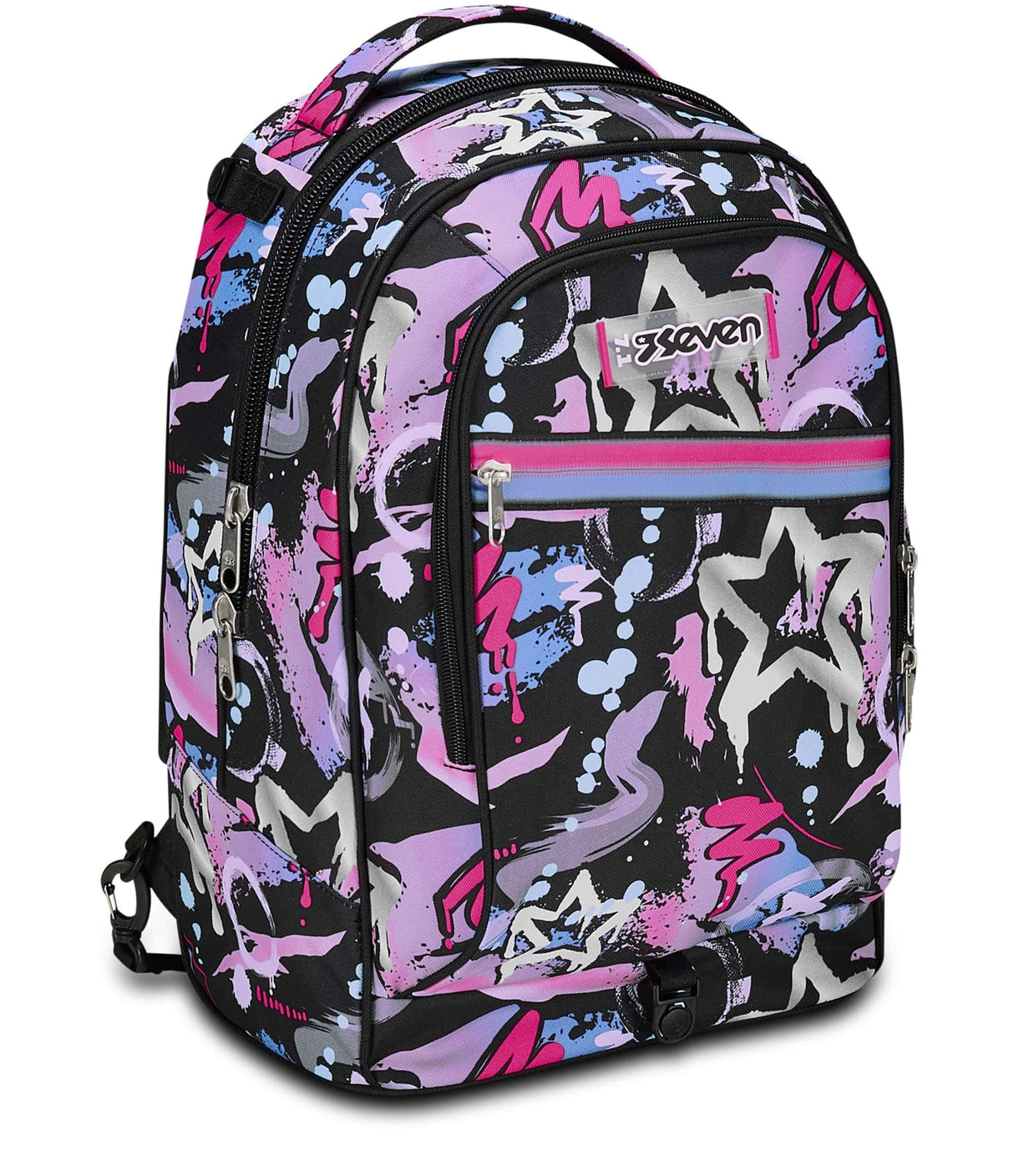 Seven - Mochila escolar Jack de 2 ruedas, color negro fucsia, Mark On Girl, 3 en 1, triple uso, mochila con carro desenganchable, bolsillo para botella y sistema cruzado, mochila escolar de viaje,
