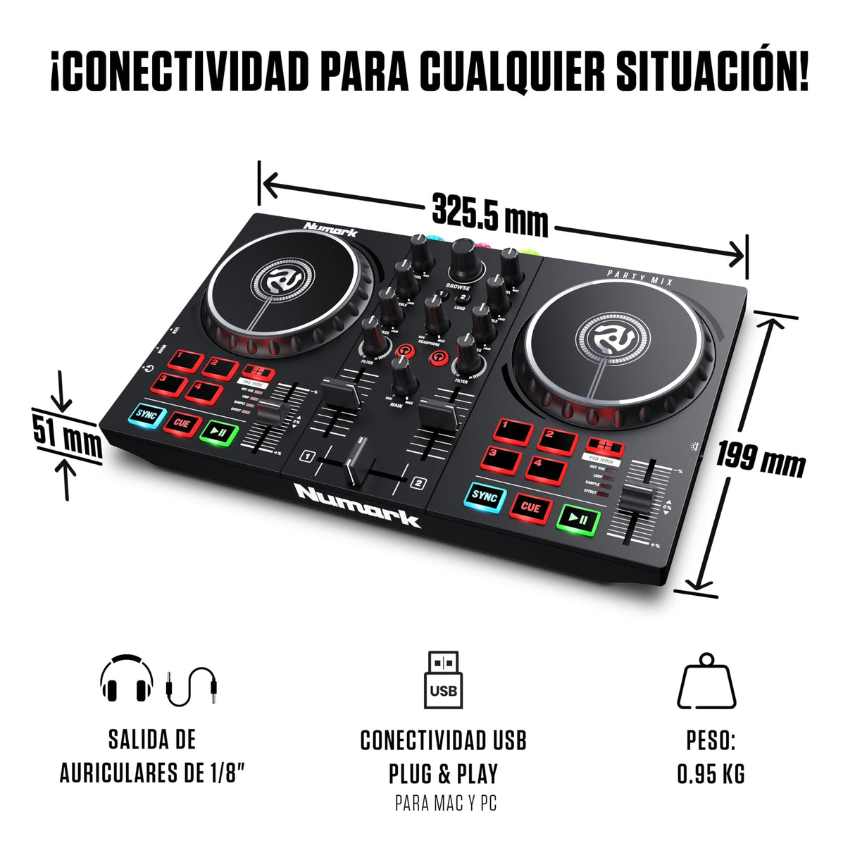 Numark Party Mix II Controladora DJ, Mesa de Mezclas Con Luces Integradas, Mezclador DJ e Interfaz Audio, Con Serato DJ Lite