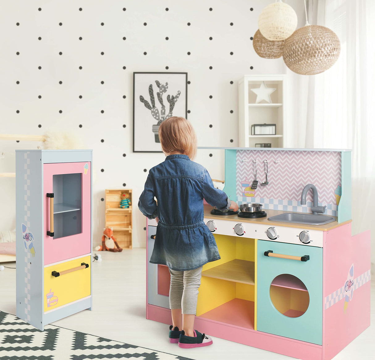 DEQUBE -Cocina Restaurante de Madera 4 módulos 2 en 1 con luz y Sonido -con Todo lo Necesario de una Cocina y de un Restaurante con Asientos y Mesa -con Accesorios metálicos - 90X81X82 cm (913D00015)