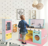 DEQUBE -Cocina Restaurante de Madera 4 módulos 2 en 1 con luz y Sonido -con Todo lo Necesario de una Cocina y de un Restaurante con Asientos y Mesa -con Accesorios metálicos - 90X81X82 cm (913D00015)