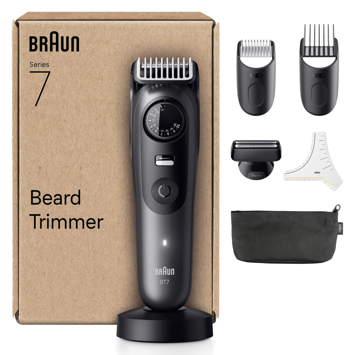 Braun Recortadora De Barba Series 7 BT7525, +7 Accesorios Para Barba, 40 Longitudes, Lámina ProBlade, Gris
