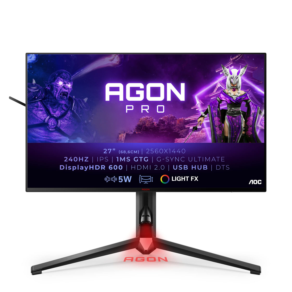 AOC Monitor Agon Pro AG274QG, 27" WQHD, 240 Hz, 1ms, IPS, Flicker Free, Low Blue Mode (2560x1440, 450 CD/m, HDMI 2x2.0, Displayport 1x1.4, USB Hub), Negro