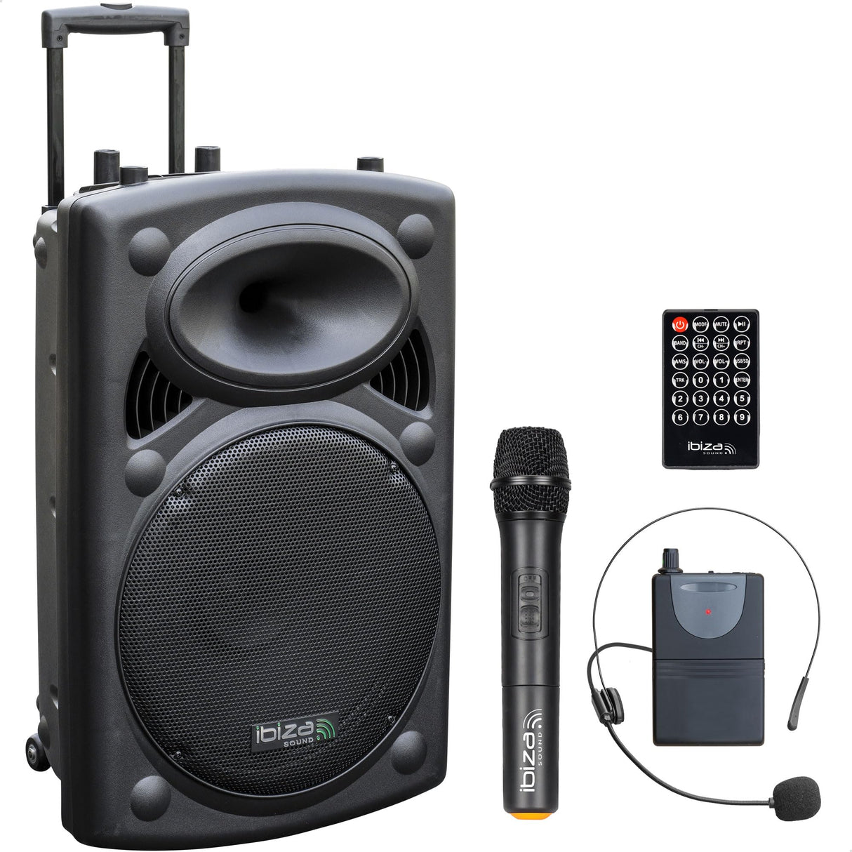 Ibiza - PORT15UHF-BT - Altavoz portátil 15"/800W MAX con 2 micrófonos (UHF), mando a distancia y funda protectora - Bluetooth, USB, SD & TWS - Autonomía de 6 a 8h - Speaker Box