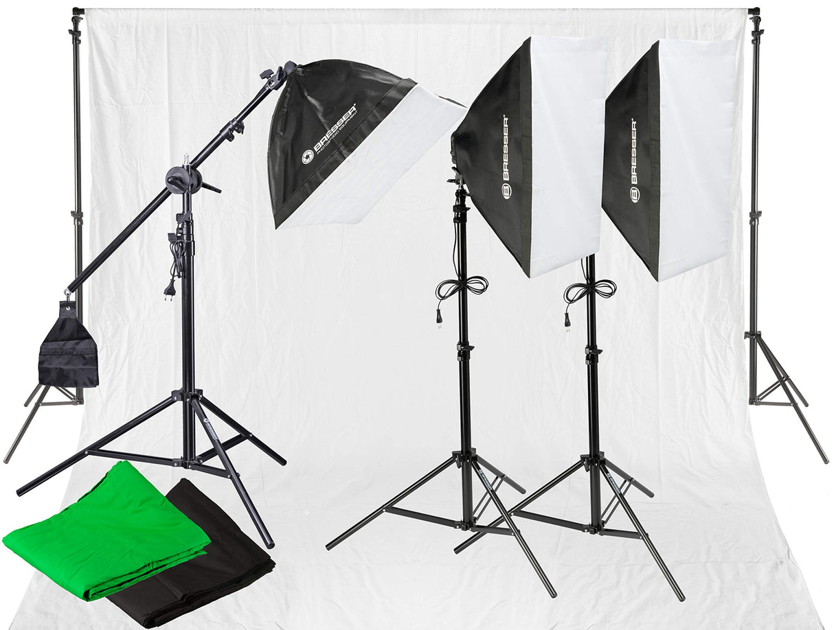 Bresser BR-2105 - Kit de Estudio fotográfico (luz de día y Fondo, 2925 W, con Sistema de Fondo, pañuelos, trípode, softbox y lámpara)