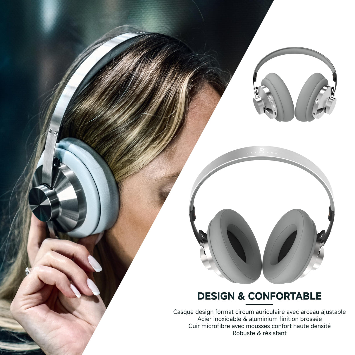 ECHO Head Band - Auriculares de Audio inalámbricos ANC, Color Gris Metal, reducción de Ruido Activa, diseño de Arco, Calidad de Sonido Premium