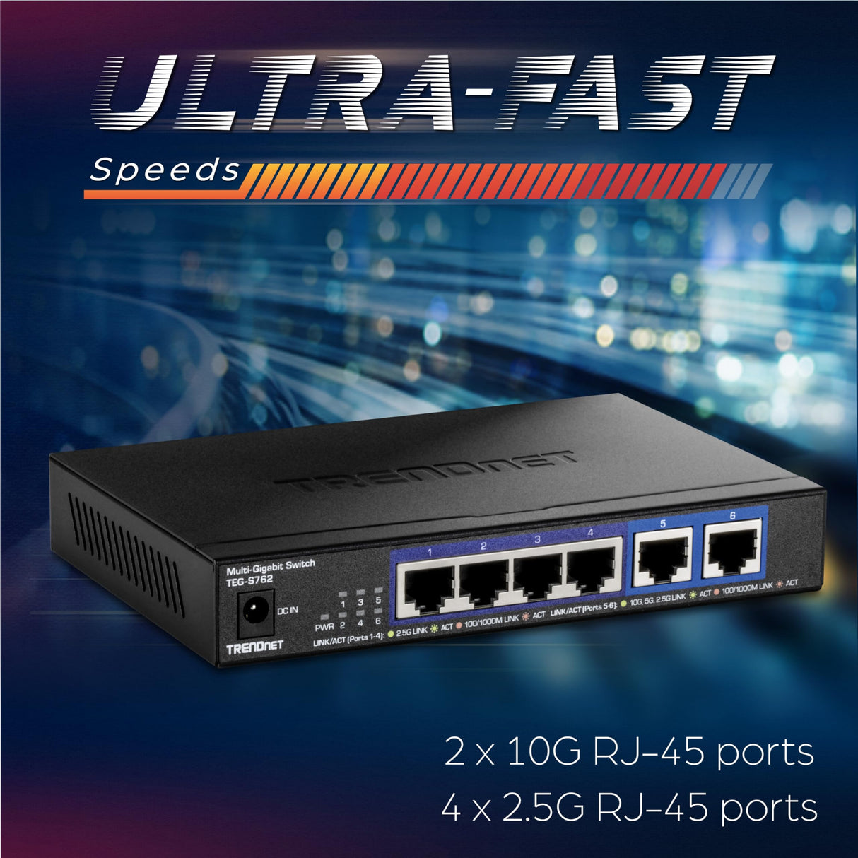 TRENDnet, TEG-S762, Conmutador de 6 Puertos 10G, 4 Puertos 2.5G RJ-45 Base-T, 2 Puertos 10G RJ-45, Capacidad de conmutación de 60 Gbps, Montaje en Pared, Conexiones de Red de 10 Gigabit, Negro