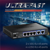 TRENDnet, TEG-S762, Conmutador de 6 Puertos 10G, 4 Puertos 2.5G RJ-45 Base-T, 2 Puertos 10G RJ-45, Capacidad de conmutación de 60 Gbps, Montaje en Pared, Conexiones de Red de 10 Gigabit, Negro