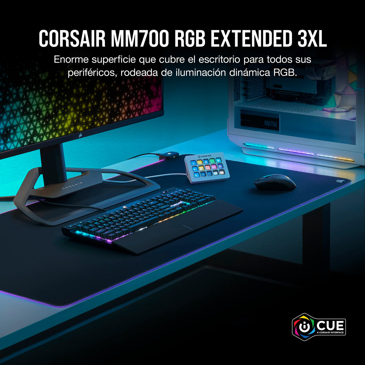 Corsair MM700 RGB Extended 3XL Alfombrilla de Ratón para Juegos con Superficie de Tela - Superficie de 1220 × 610 mm - Iluminación RGB de 360° y Tres Zonas - Hub USB con Dos Puertos - Negro