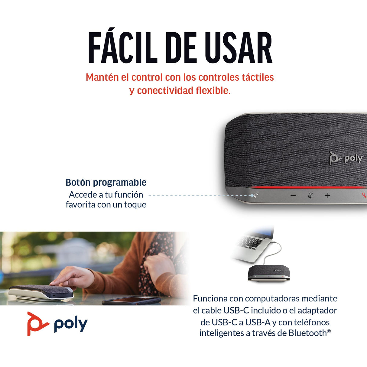 Poly Sync 20 con USB-C - Altavoz manos libres portátil con reducción de ruido o de ecos, Bluetooth - Funciona con Teams, Zoom, PC, Mac, móviles