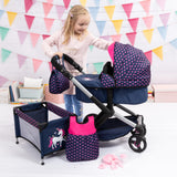 Bayer Design 17054AB Cochecito de muñeca XEO, Convertible, Regulable en Altura, Cuna de Viaje, Bolsa, Saco de Dormir, Accesorios