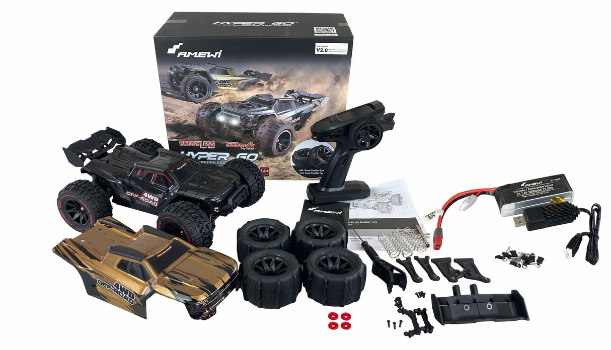 Amewi Hyper GO Truggy sin escobillas 4WD 1:14 RTR Negro Incluye Barra de Ruedas, Piezas de Repuesto, carrocería Dorada
