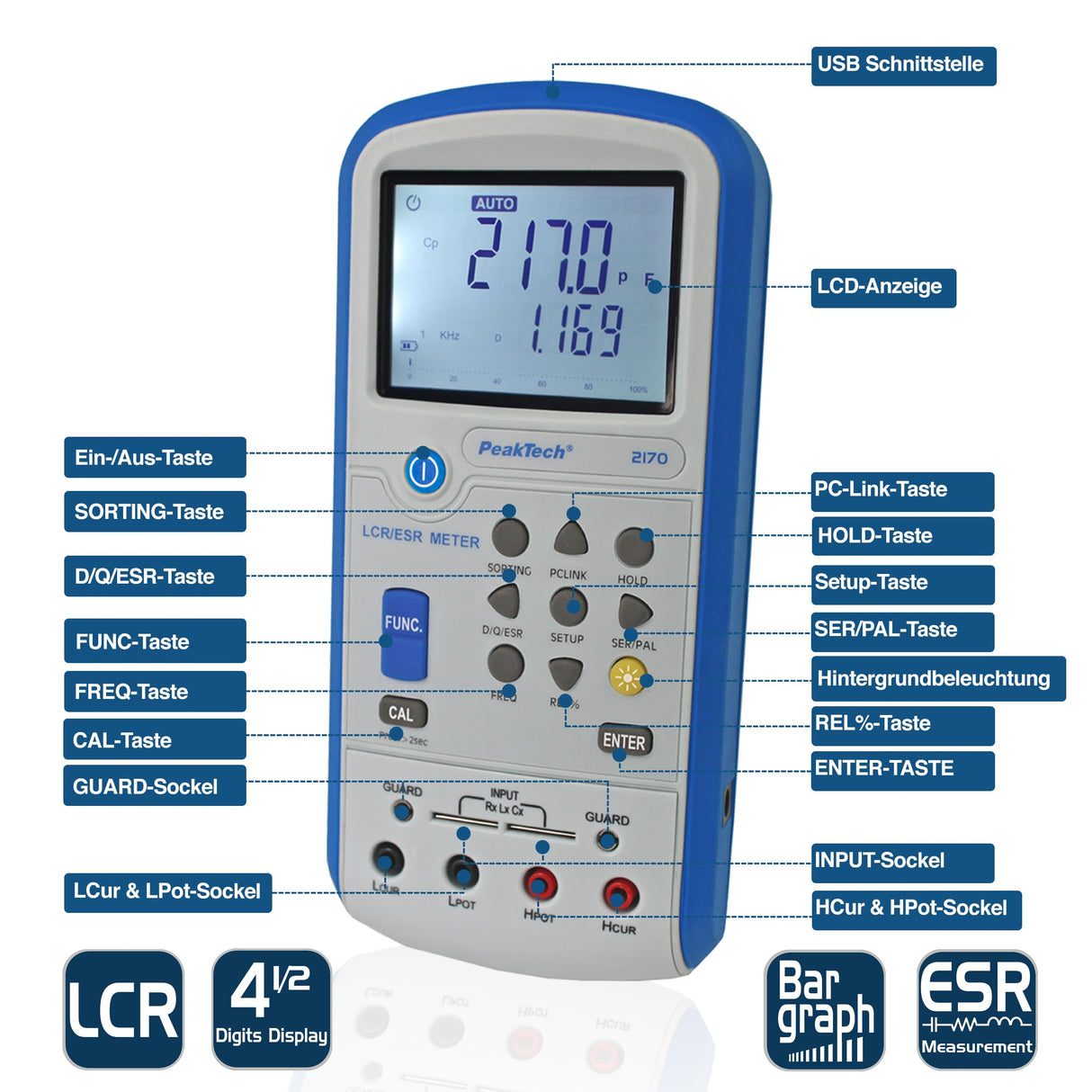 PeakTech 2170 - Medidor LCR, Dispositivo de Medición Esr con Usb, Incluido Software, Frecuencia 1/120 Hz, 1/10/100 Khz, Digital, Medición de Corriente, Pantalla LCD Iluminada, Gráfico de Barras